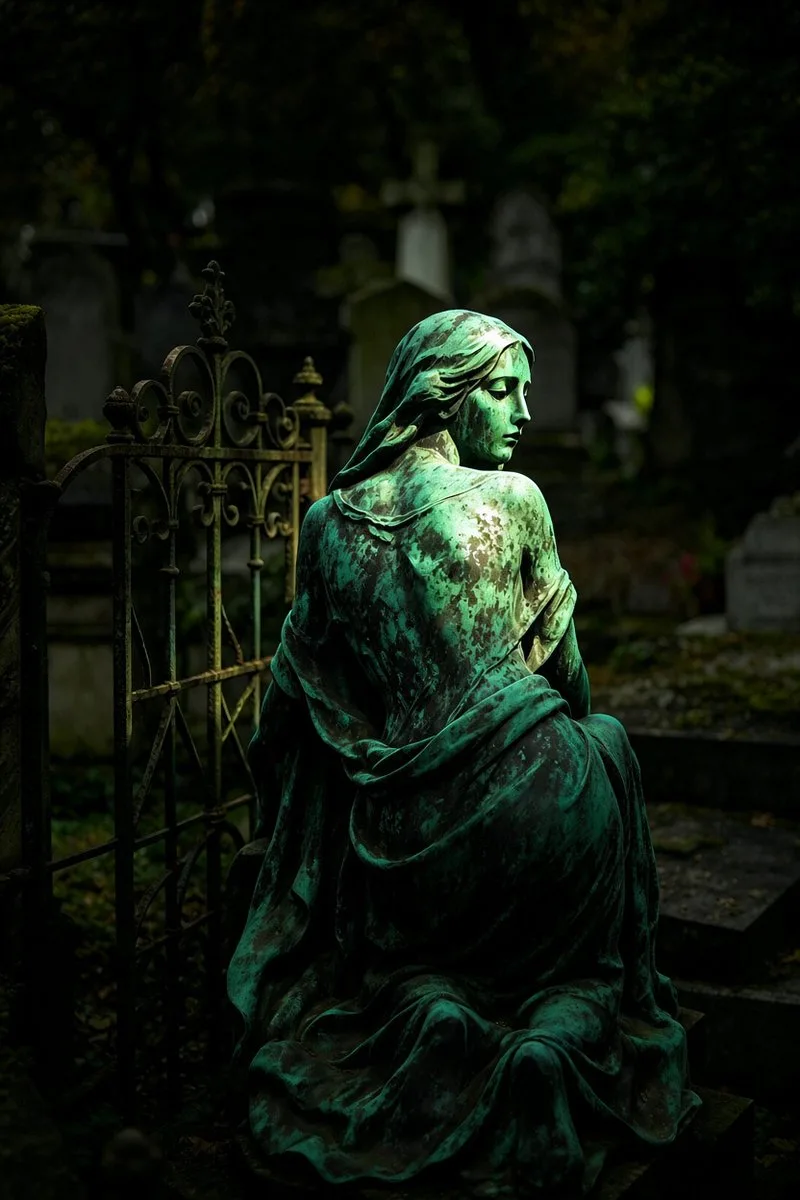 Weathered bronze statue of a veiled woman in a cemetery with autumn foliage. (2)