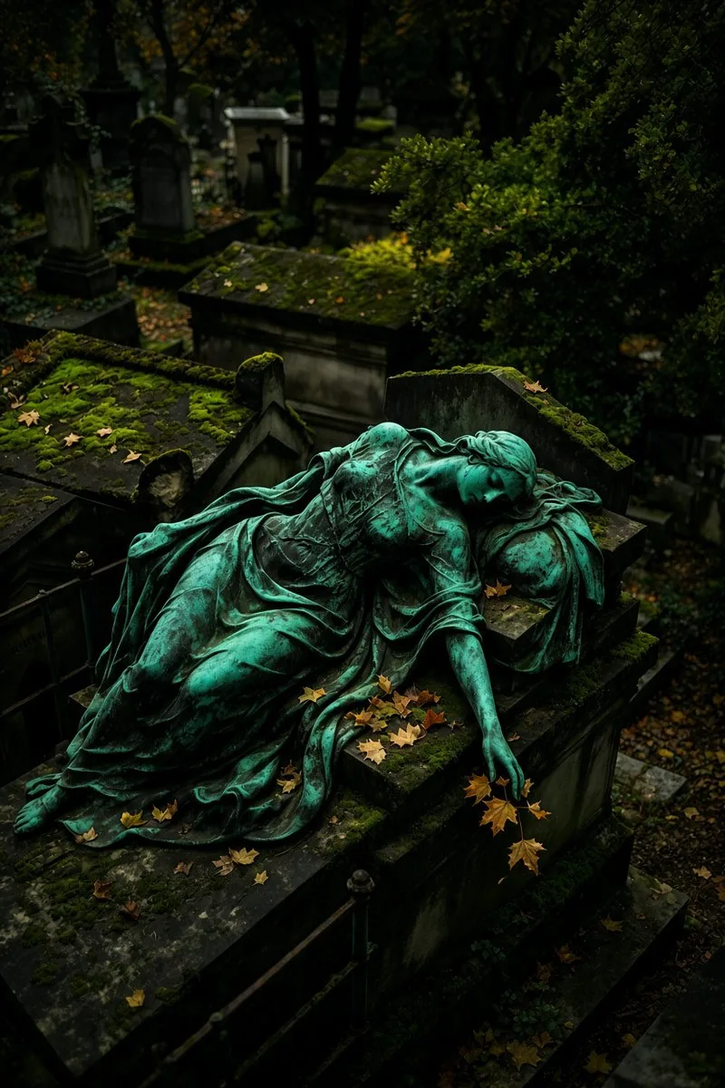 Weathered bronze statue of a veiled woman in a cemetery with autumn foliage. (3)