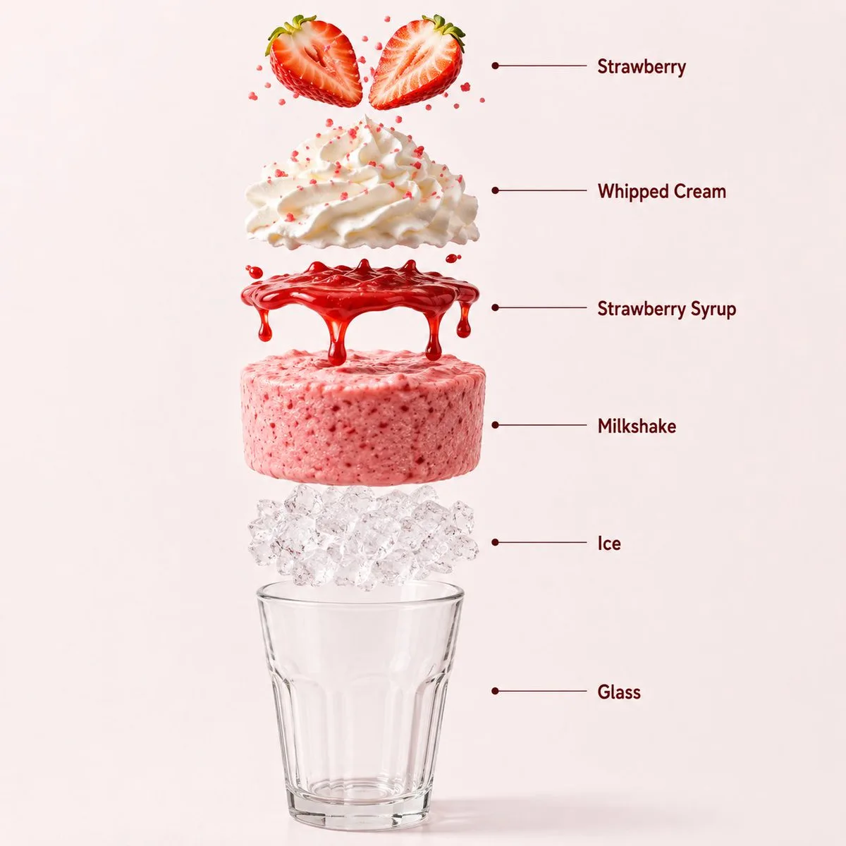 Exploded vertical infographic of a strawberry milkshake with labeled layers