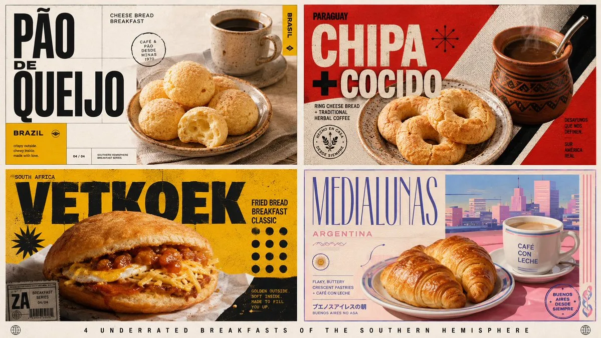 A 2x2 editorial poster comparing four underrated Southern Hemisphere breakfasts with cultural design elements. (2)