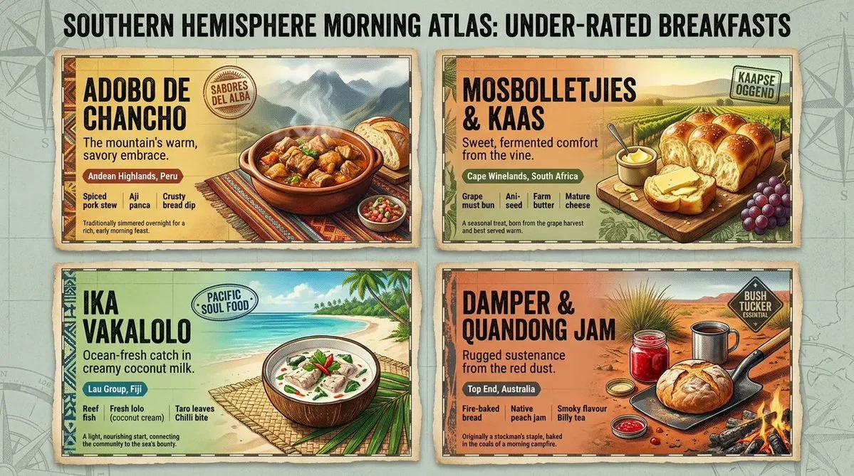 A 2x2 editorial poster comparing four underrated Southern Hemisphere breakfasts with cultural design elements. (3)