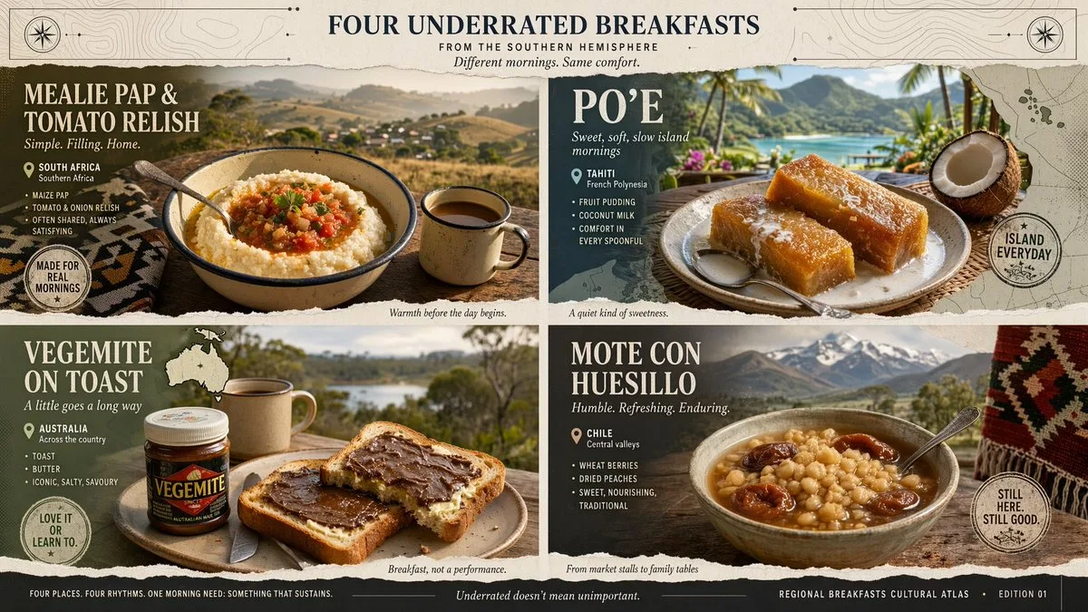 A 2x2 editorial poster comparing four underrated Southern Hemisphere breakfasts with cultural design elements. (4)