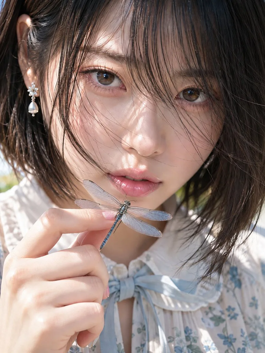 Close-up of a woman with wet hair holding a blue dragonfly on her finger.