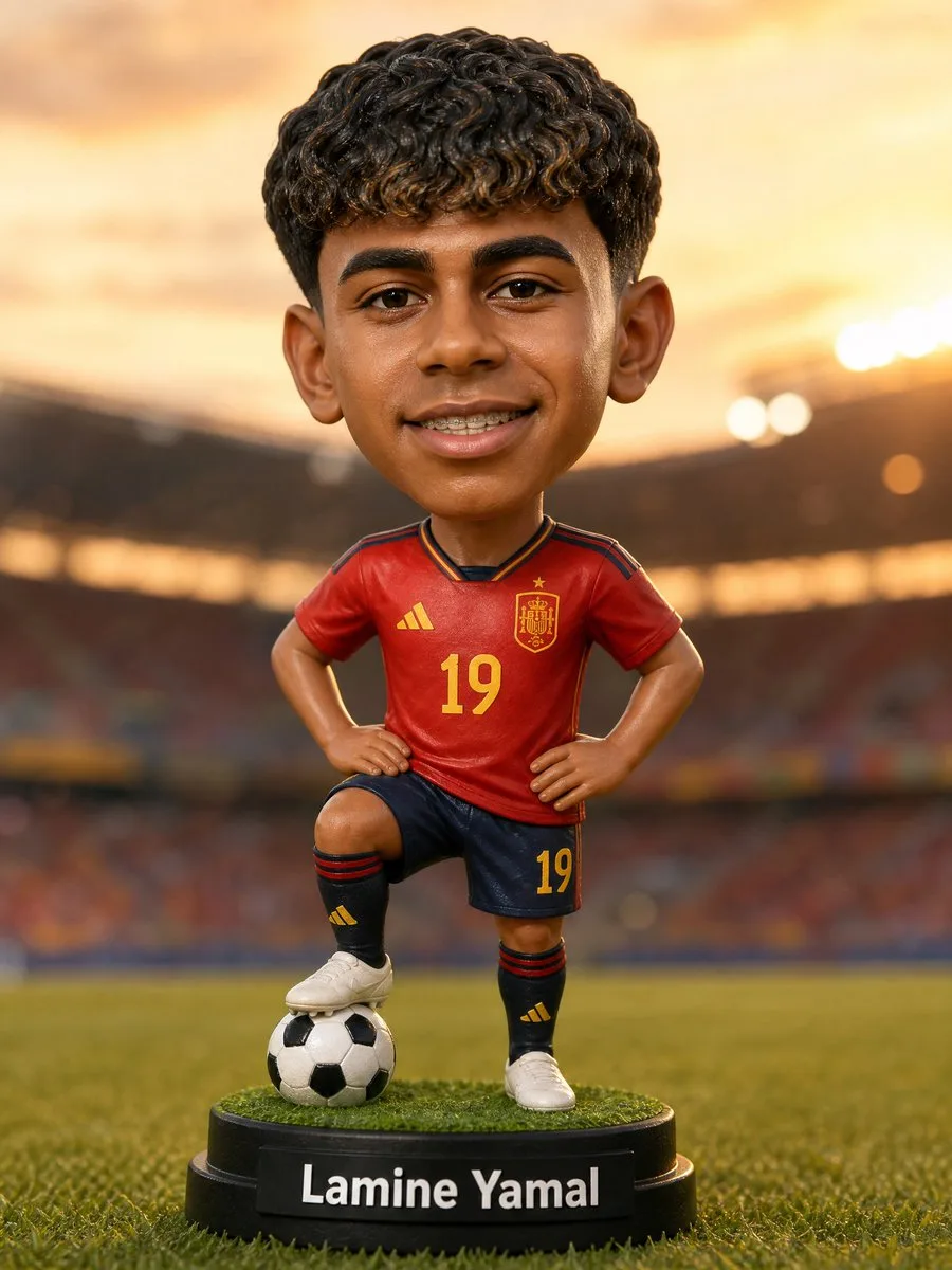 Custom national football player bobblehead figure in a team kit on a studio base