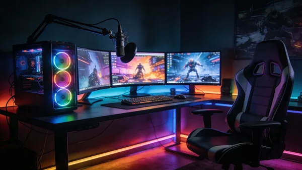 A professional gaming setup with RGB lighting and multiple monitors in a dark room.