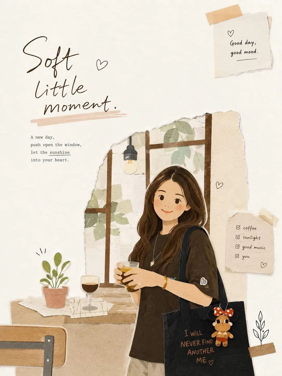 Minimalist paper collage illustration of a cute character with coffee and plants.