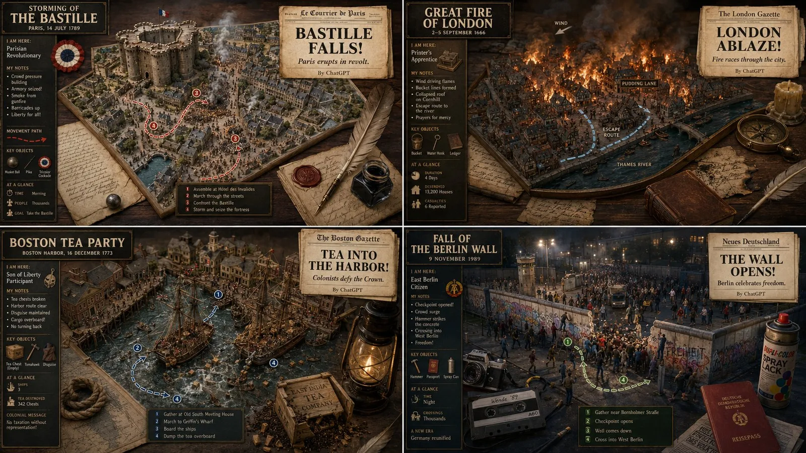 A 2x2 grid of historical event dioramas with infographics and period artifacts.