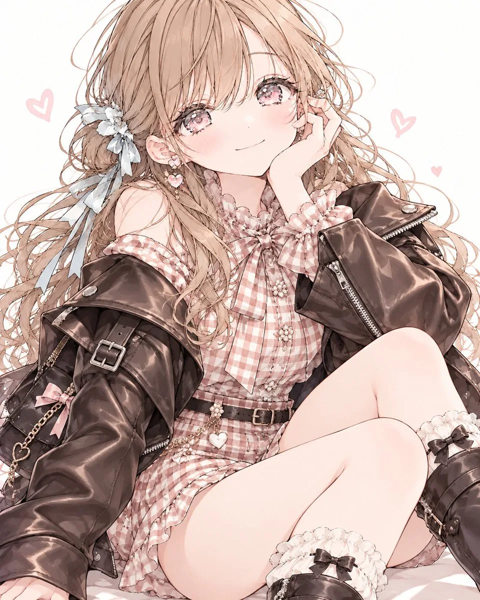 Cute autumn outfit with gingham blouse, shorts, and leather jacket (2)