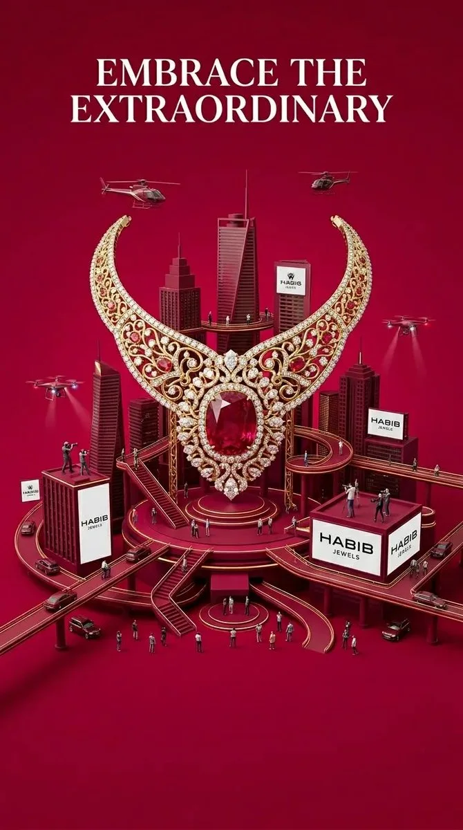 A luxury diamond and ruby necklace designed as a futuristic miniature city in crimson tones.