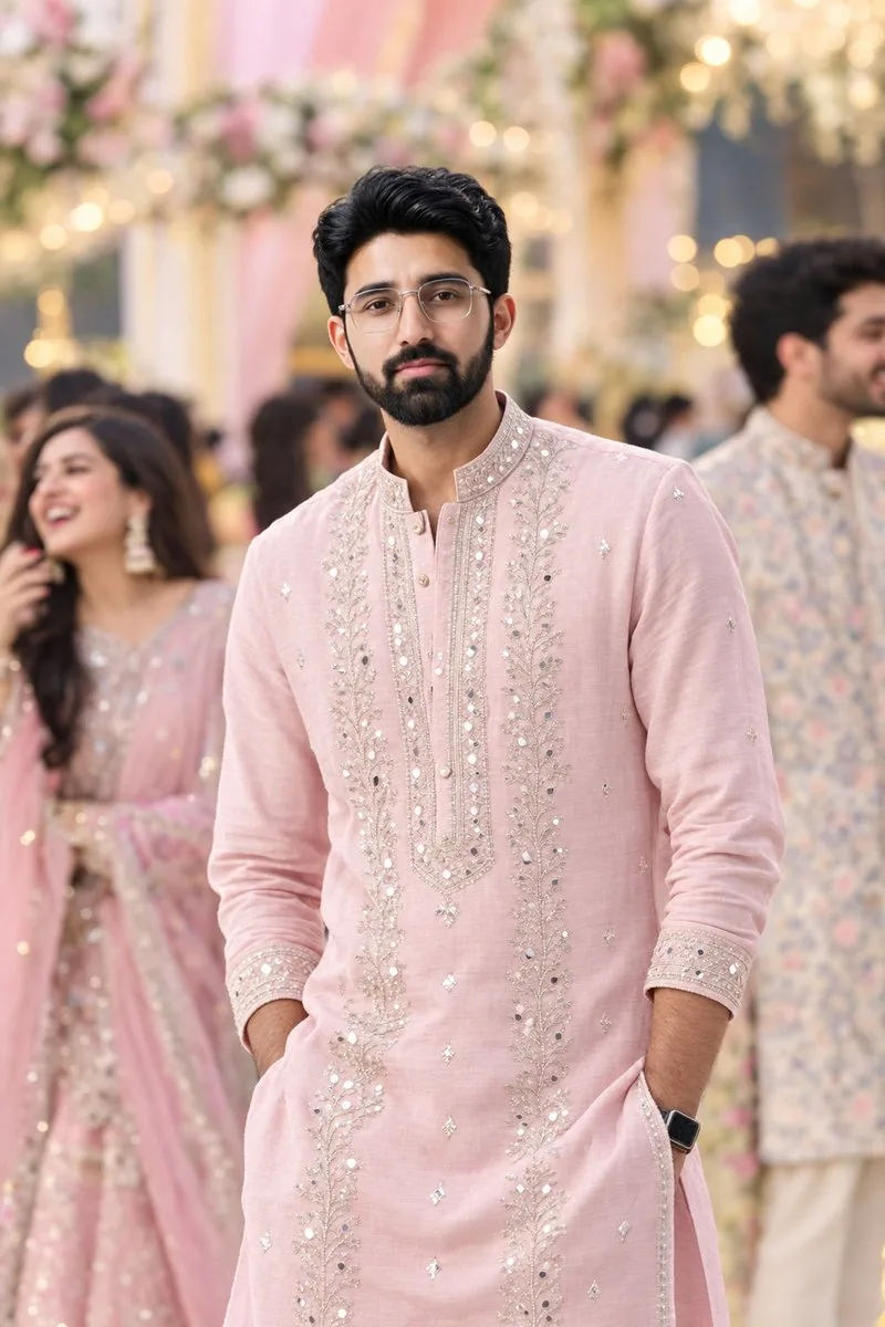 Handsome South Asian man in a pastel pink embroidered Indian kurta at a wedding.