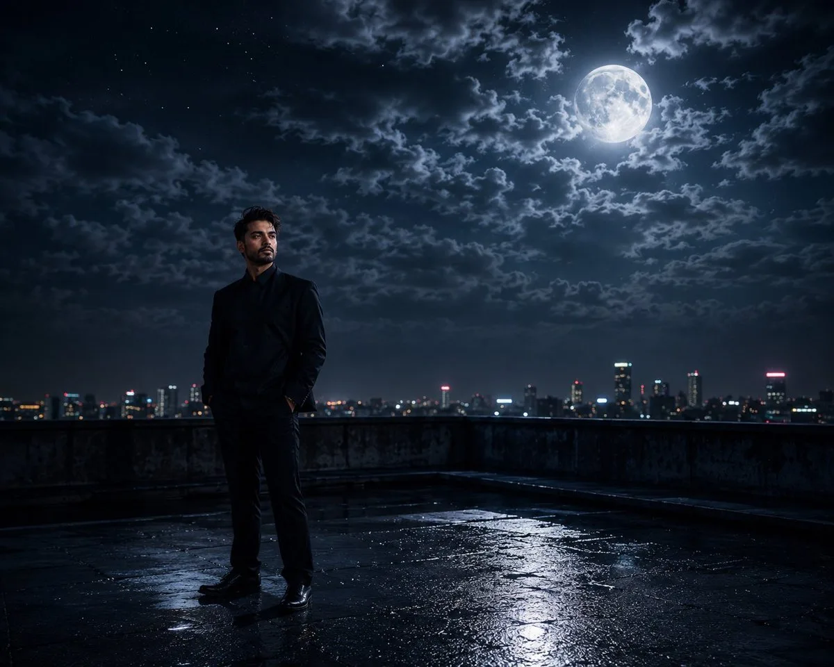Young man on rooftop under full moon in cinematic night photography.