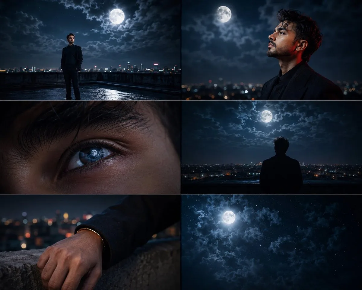 Young man on rooftop under full moon in cinematic night photography. (2)