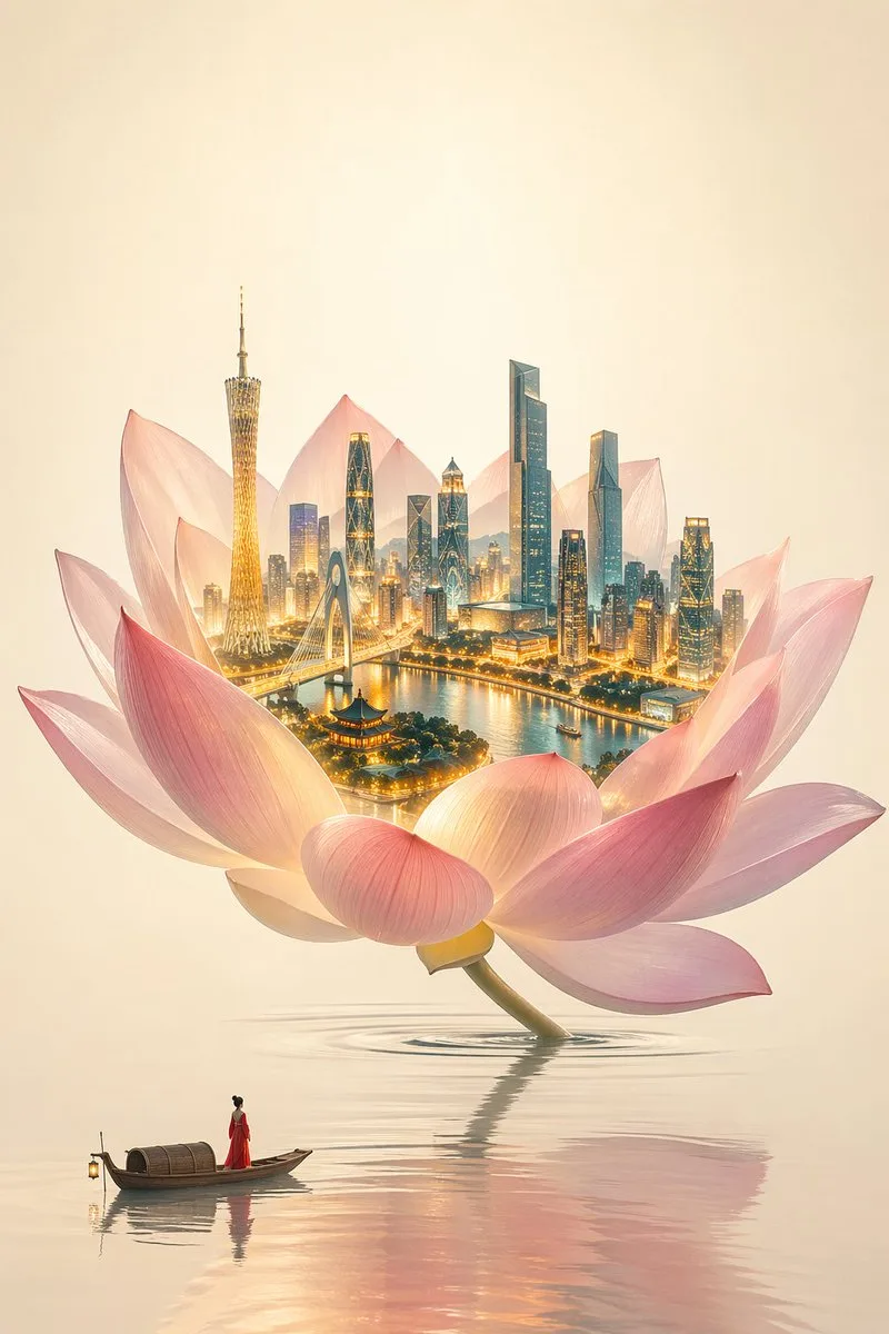 A giant translucent lotus holding a miniature glowing Guangzhou city skyline with a tiny boat below.