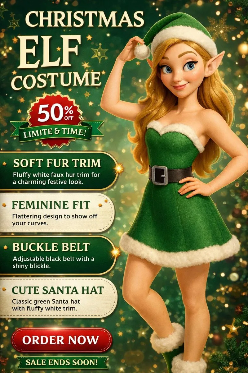 A stylish model wearing a festive Christmas outfit in a holiday-themed advertisement.