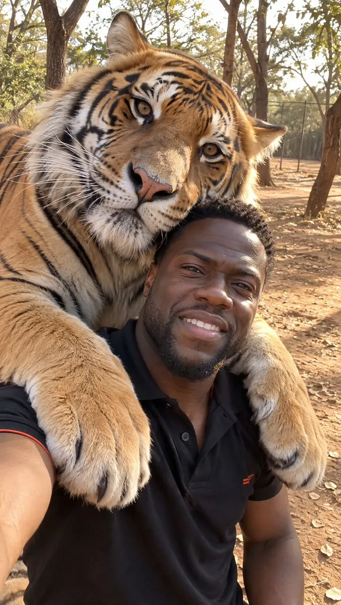 A man taking a candid selfie with a large Bengal tiger embracing his shoulders. (2)