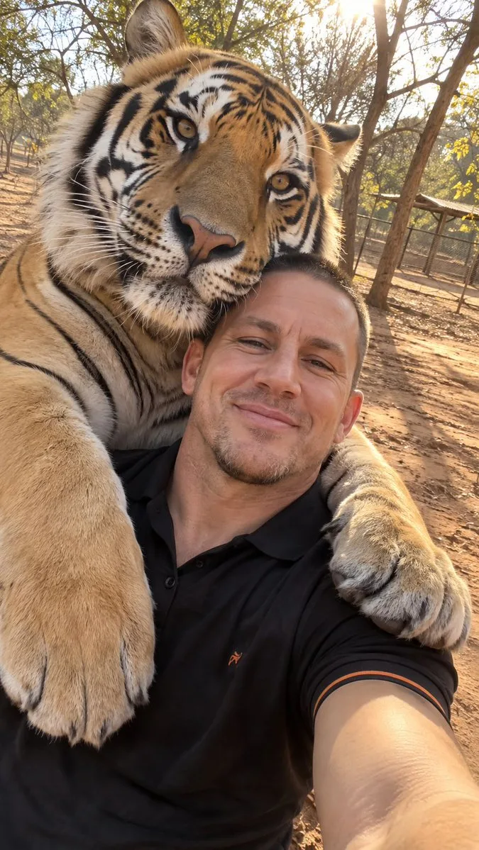 A man taking a candid selfie with a large Bengal tiger embracing his shoulders. (3)