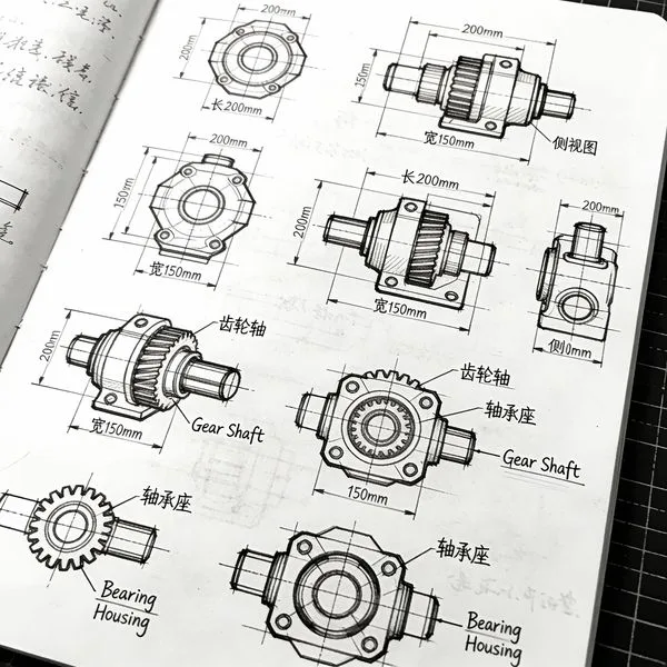 Mechanical design sketch with annotations and bilingual labels