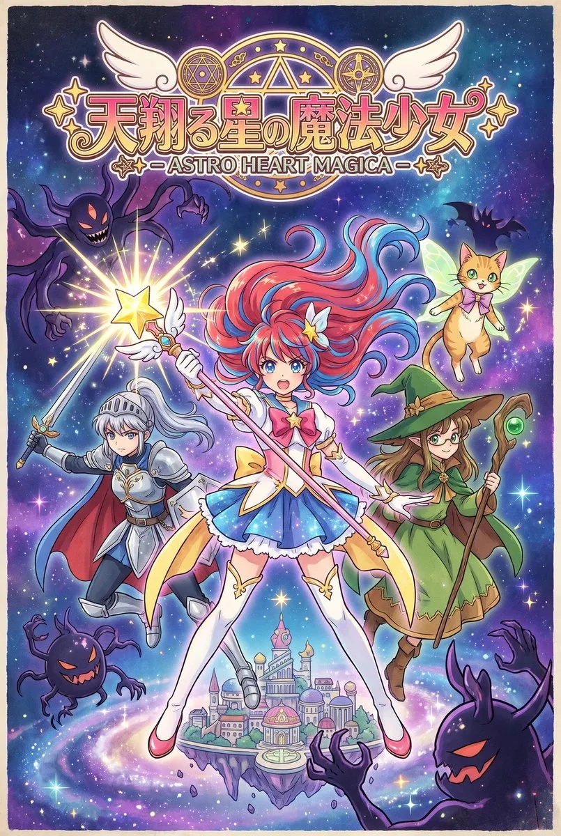 A colorful magical girl anime poster design with vibrant fantasy elements. (2)