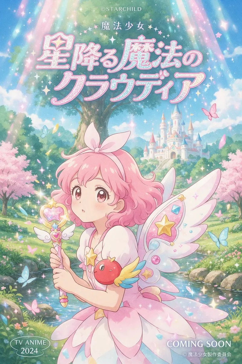A colorful magical girl anime poster design with vibrant fantasy elements. (4)