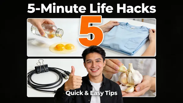 YouTube thumbnail for 5 minute life hacks video with a creator giving a thumbs up.