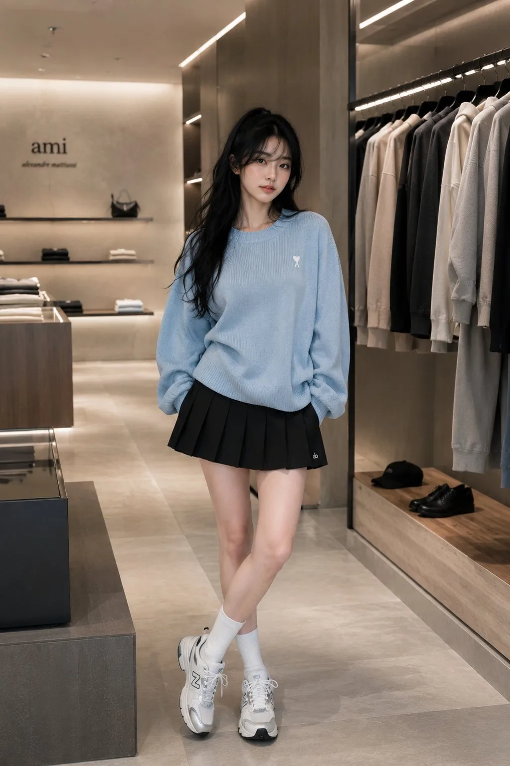 A young woman in a pastel sweater and pleated skirt posing in a luxury boutique.