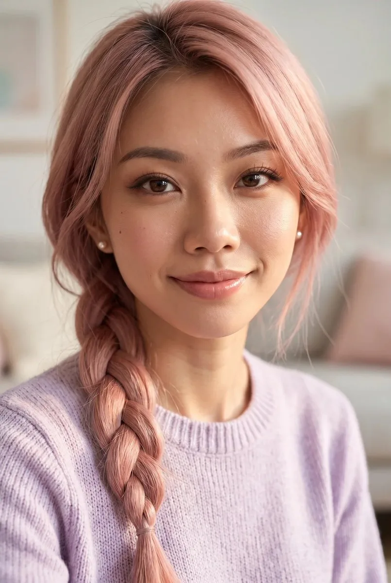 Close-up portrait of an East Asian woman with pink hair and a warm smile.