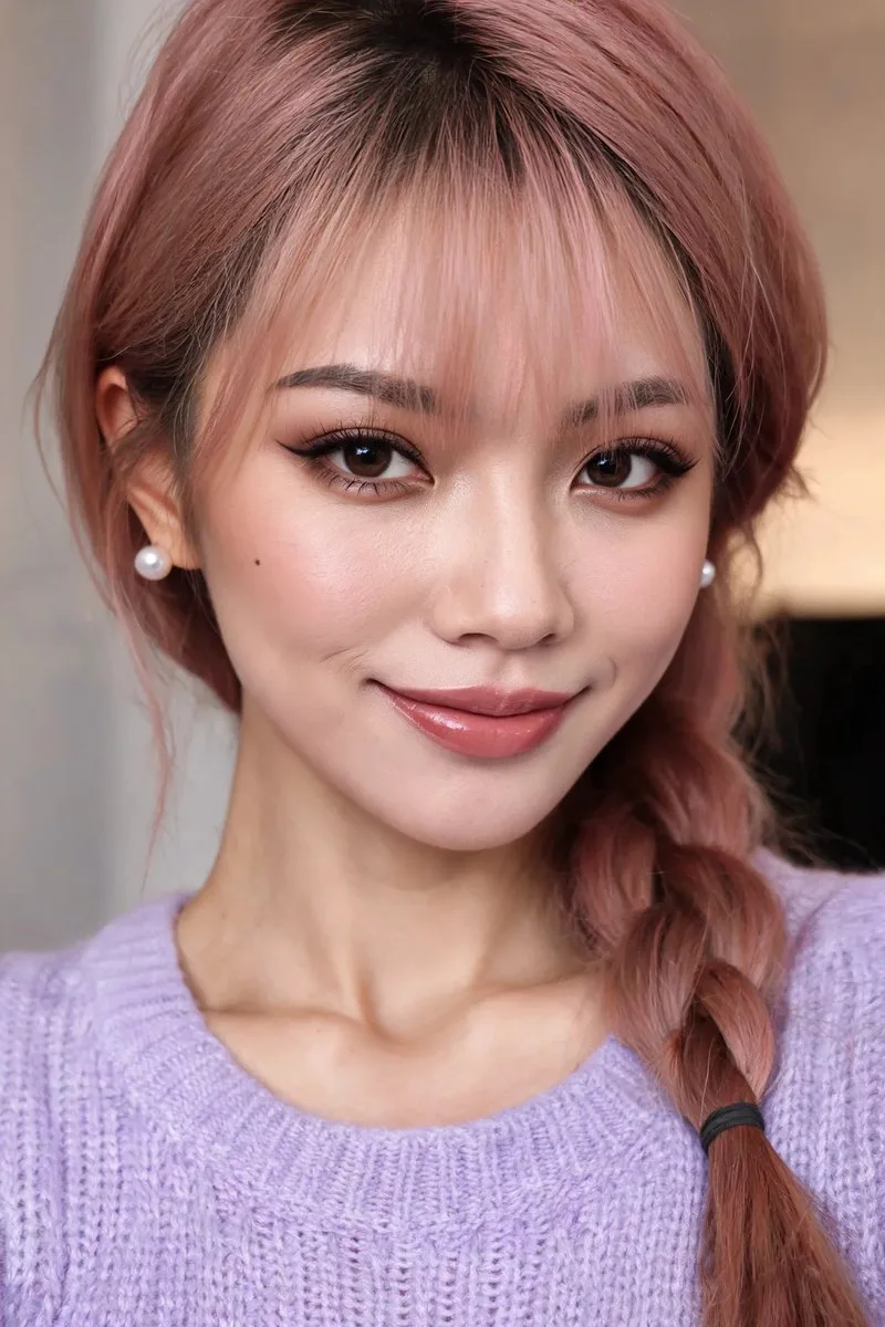 Close-up portrait of an East Asian woman with pink hair and a warm smile. (2)