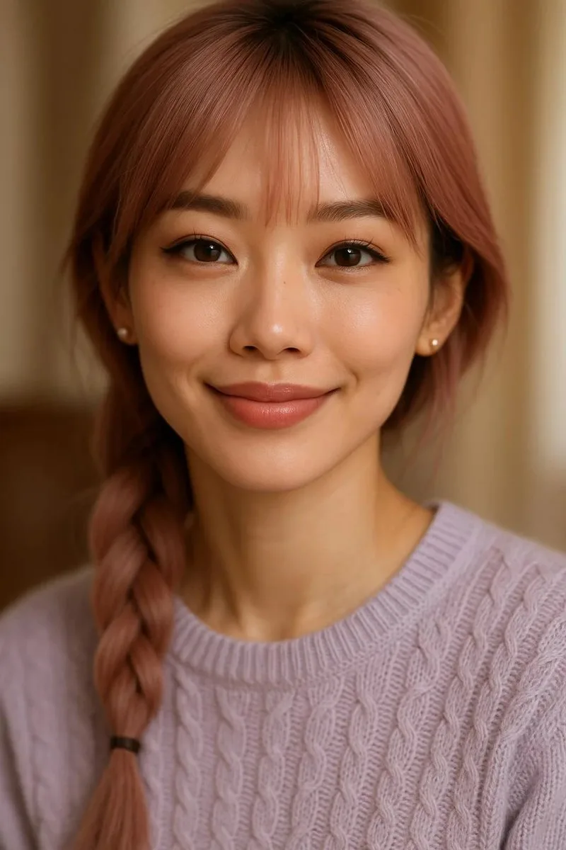 Close-up portrait of an East Asian woman with pink hair and a warm smile. (3)