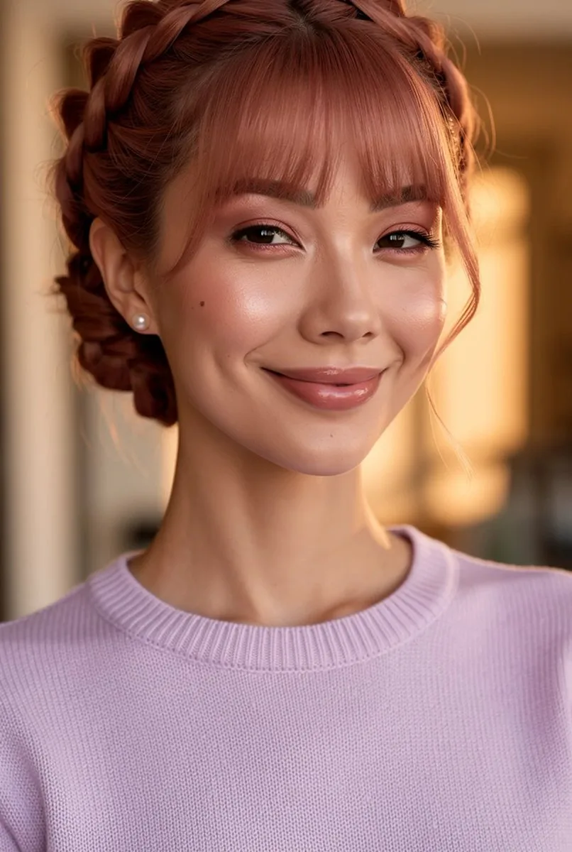 Close-up portrait of an East Asian woman with pink hair and a warm smile. (4)