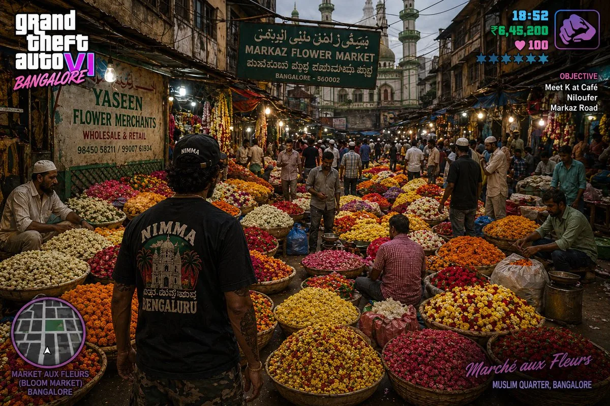 Stylized digital art of a crowded, vibrant flower market in Bangalore, India.