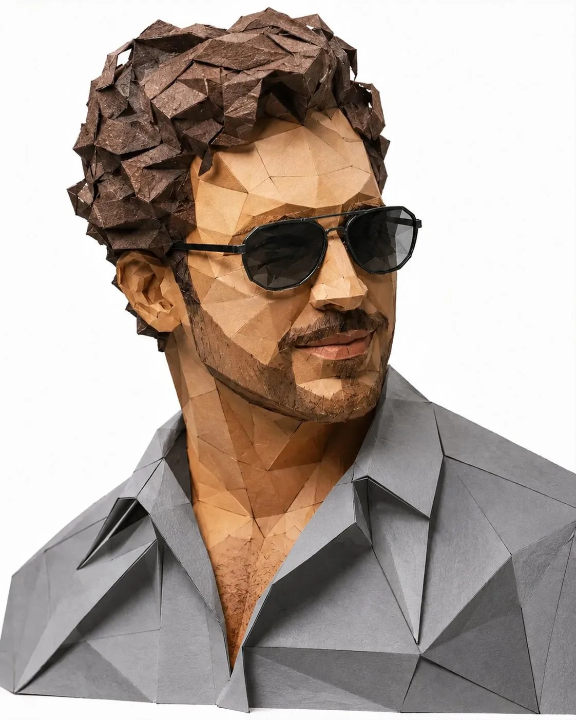 Low-poly papercraft portrait of a stylish man with geometric sunglasses and curly hair.