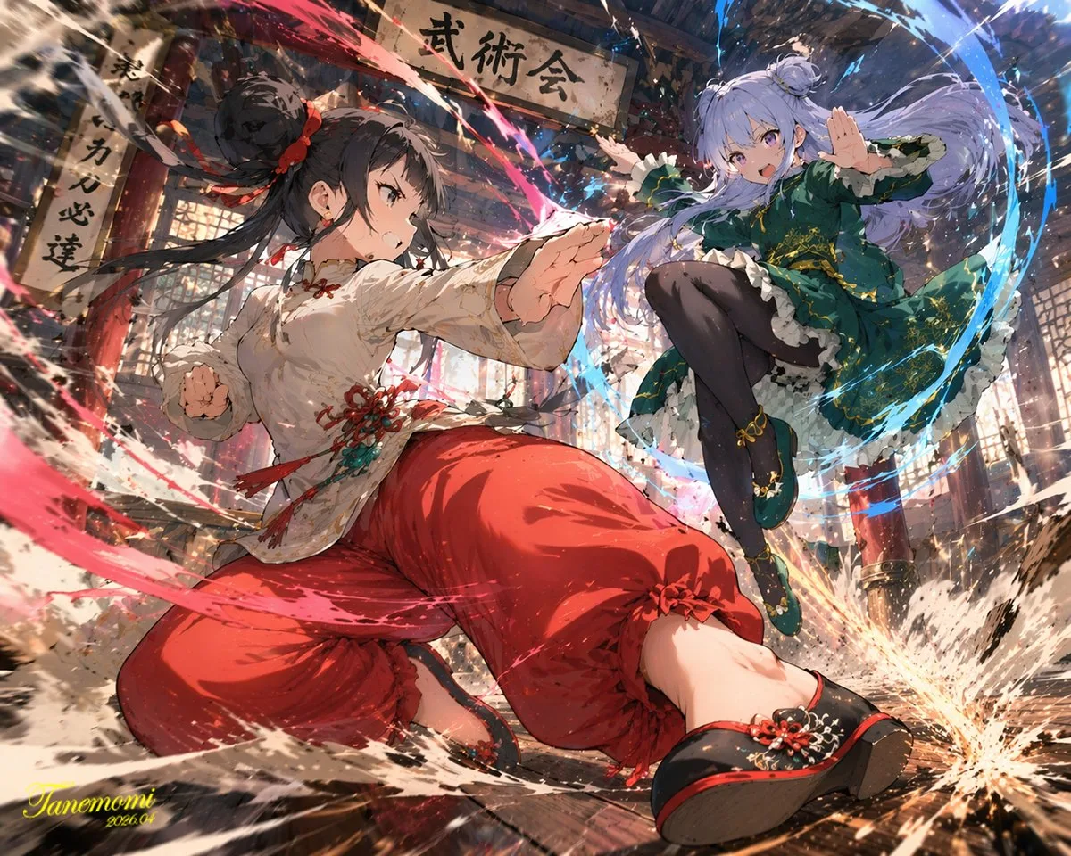 Two anime girls fighting in a traditional wooden dojo with energy effects.