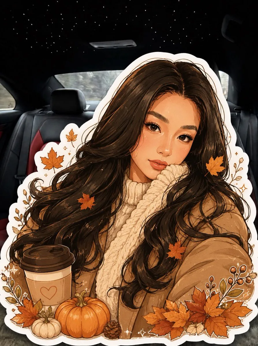 Cozy hand-drawn autumn illustrated sticker with warm colors and a white border (2)