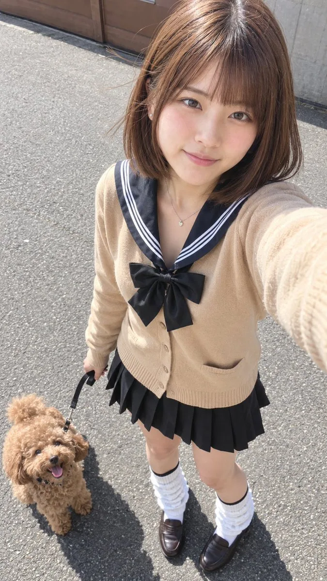 Woman walking a Toy Poodle outdoors while taking a selfie.