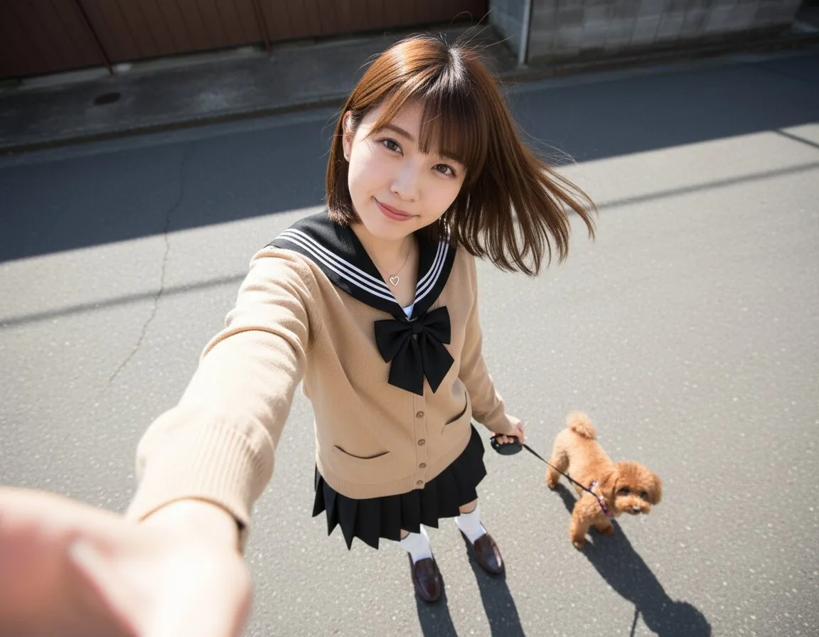 Woman walking a Toy Poodle outdoors while taking a selfie. (2)