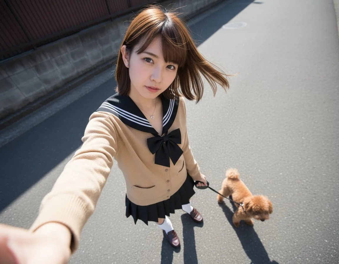 Woman walking a Toy Poodle outdoors while taking a selfie. (3)