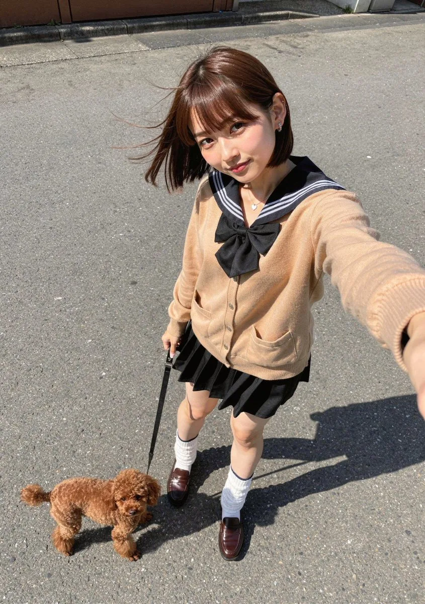 Woman walking a Toy Poodle outdoors while taking a selfie. (4)
