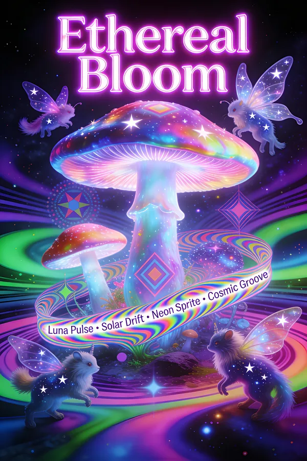 Psychedelic music festival poster with glowing mushrooms and fantasy creatures in vibrant colors.