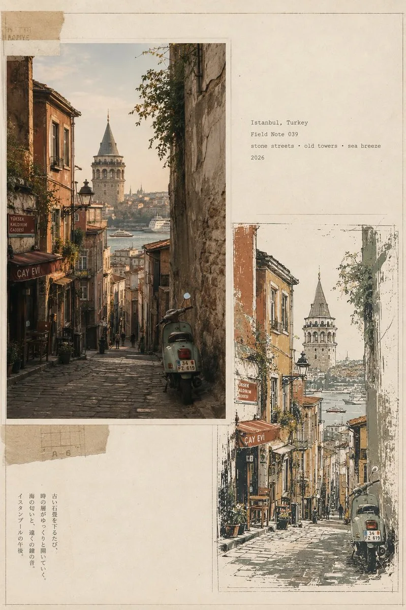Vintage travel journal collage featuring Bangkok, Lisbon, Marrakech, and Istanbul with analog film textures.