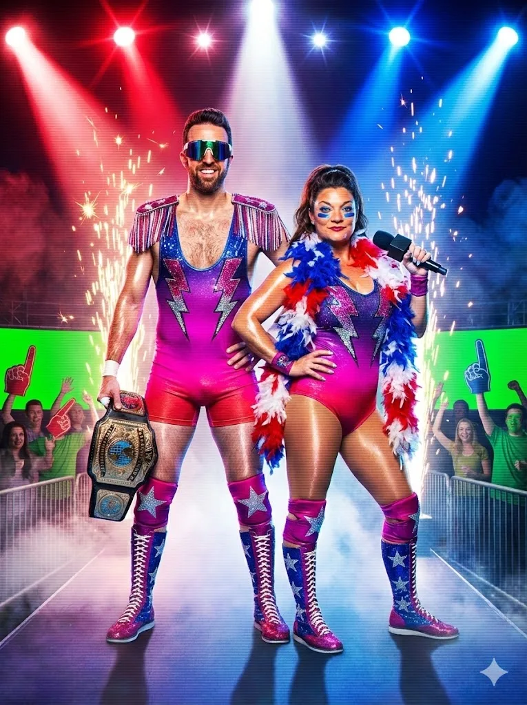 Pro-wrestling idol in glitter and magenta spandex striking a pose on a turnbuckle. (2)
