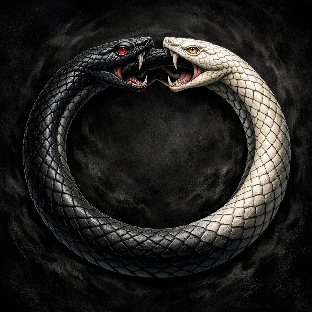 Two snakes eating each other in a circular Ouroboros symbol