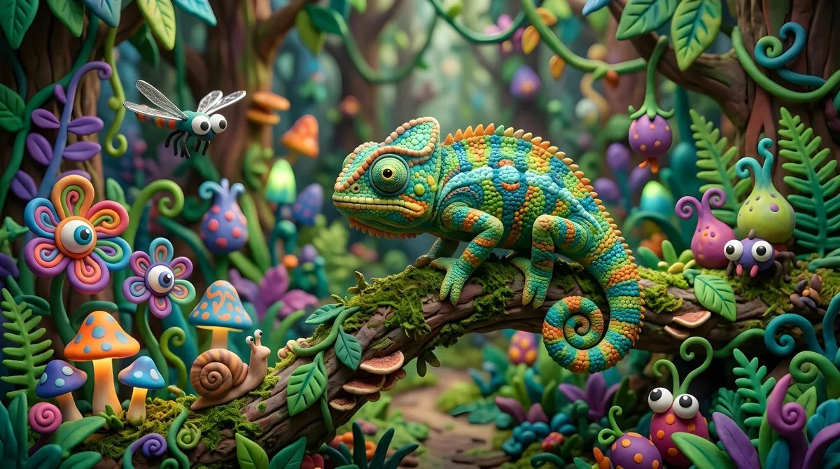 A colorful claymation chameleon on a mossy branch in a magical forest with glowing mushrooms.
