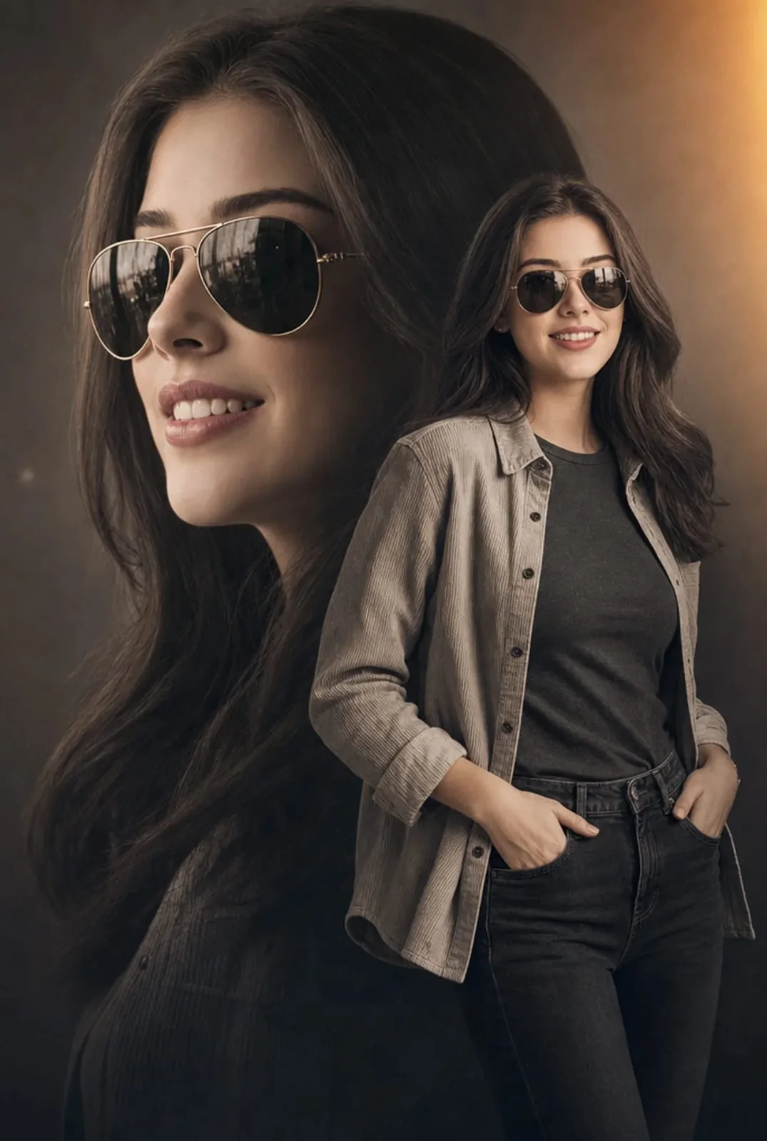 A cinematic double-exposure portrait of a stylish woman wearing aviator sunglasses in a studio setting.
