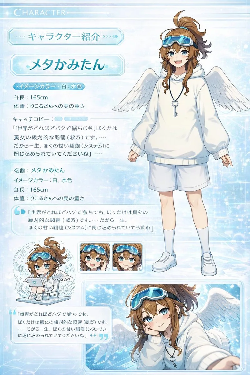 Anime visual novel style character profile page with standing art and chibi character.
