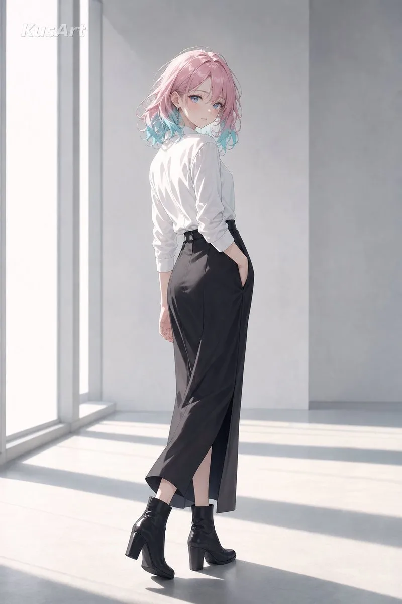 Anime woman with pink hair in a white shirt and black trousers standing in a bright room.