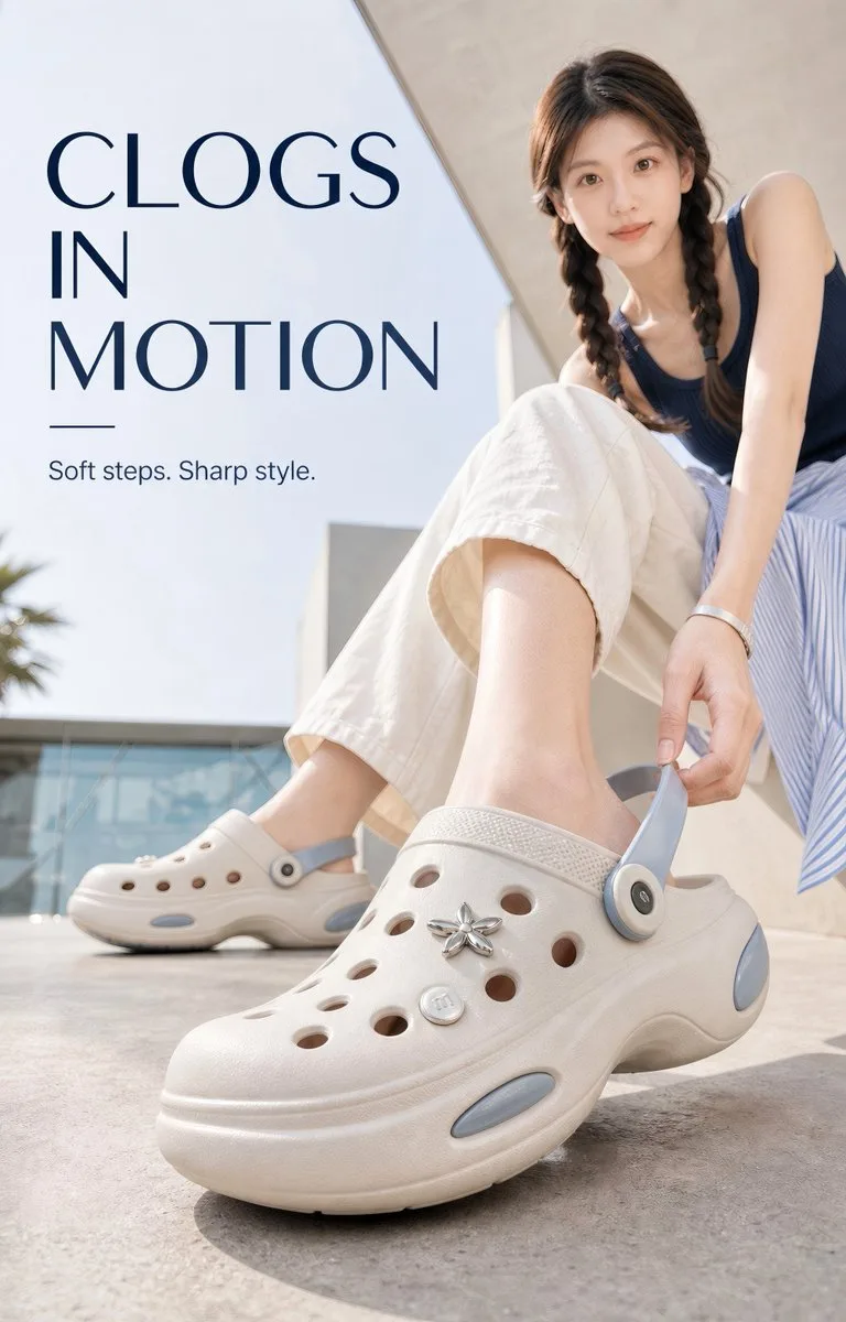 A woman wearing comfortable foam clogs in a sunlit architectural setting for a summer fashion campaign.