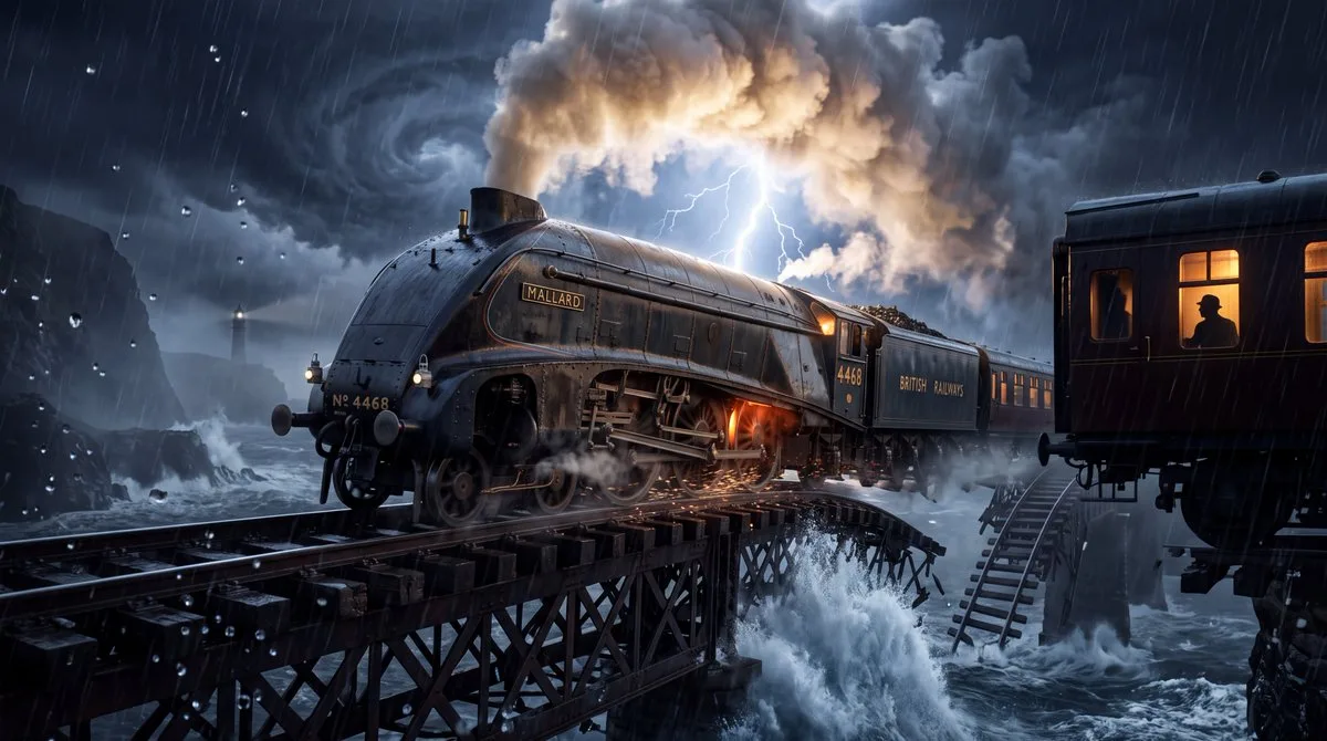 A massive vintage steam train crossing a collapsing bridge over a stormy ocean.