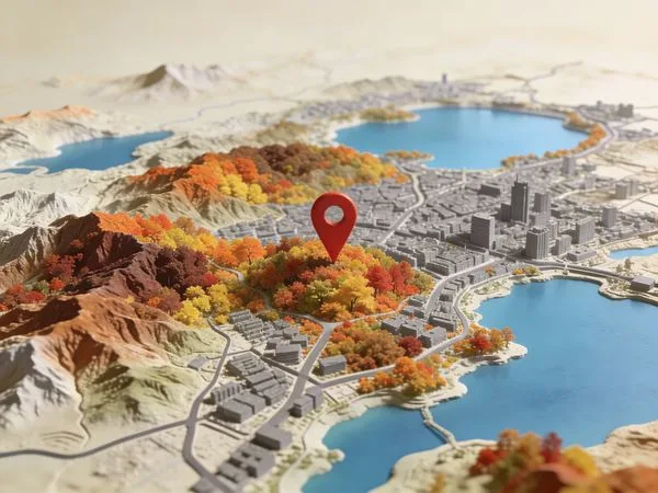 Topographical map of Hangzhou with a red location marker