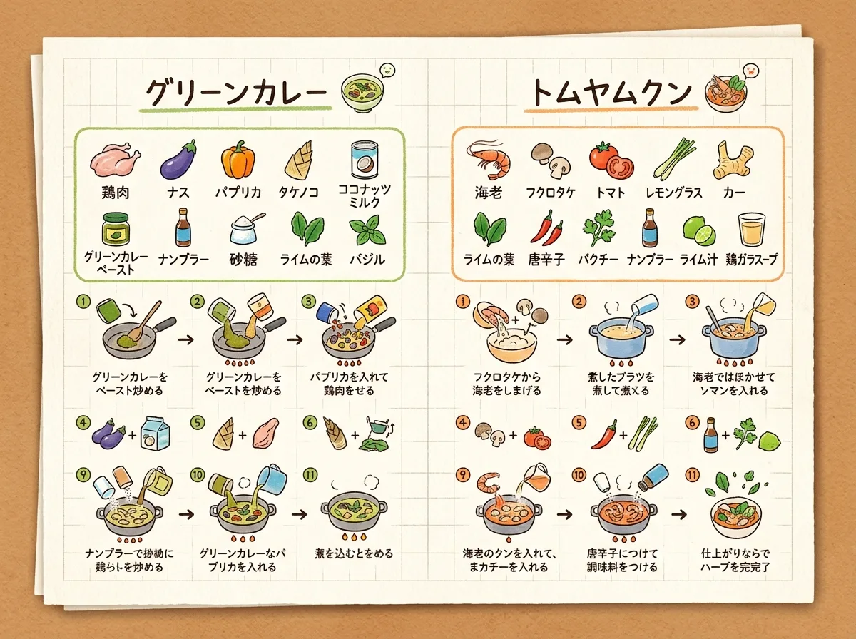 Hand-drawn Thai recipe infographic with Green Curry and Tom Yum Goong on grid paper.