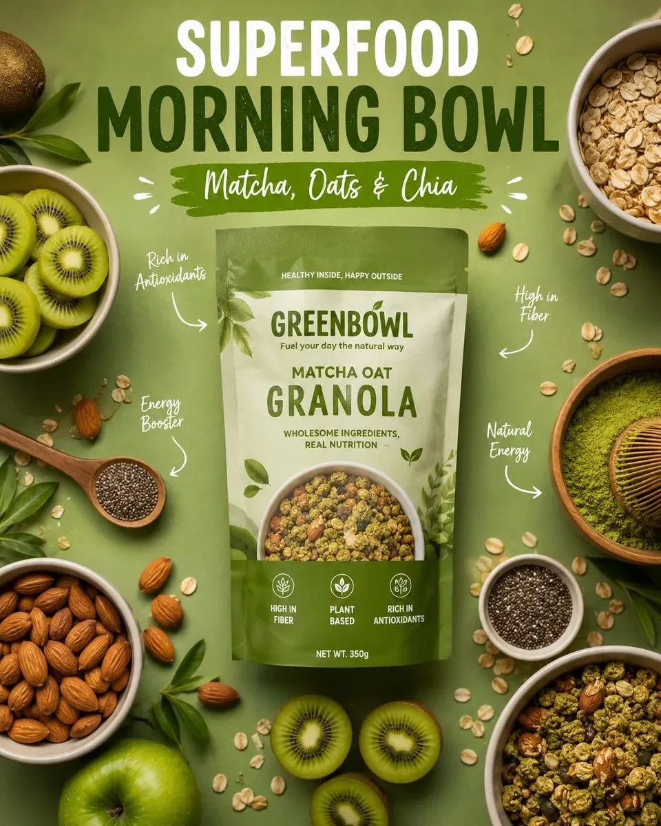 Professional food advertisement posters for premium granola and muesli breakfast products.